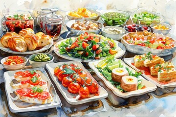 A colorful buffet table filled with a variety of dishes, fruits, and salads, beautifully arranged for a festive meal.