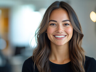 A woman with long brown hair and a black shirt is smiling