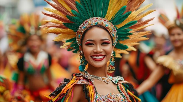 Vibrant Kadayawan Festival scene, dancers adorned in elaborate costumes, performing traditional dances amidst a lively, colorful crowd