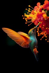 Obraz premium Bee Hummingbird Sucking Nectar from Flower, on Black Background, Realistic Photo, Standard Background, Wallpaper, Cover and Screen of Smartphone, Cell Phone, Computer, Laptop, 9:16 and 16:9 Format