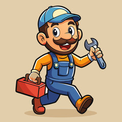 Cheerful Cartoon Plumber with Wrench and Toolbox in Vibrant, Detailed Design