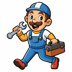 Cheerful Cartoon Plumber with Wrench and Toolbox in Vibrant, Detailed Design