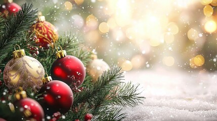 Fototapeta premium A realistic Christmas greeting card template with a festive background of pine branches, red and gold ornaments, and snow. The central area allows for personalized text in elegant cursive