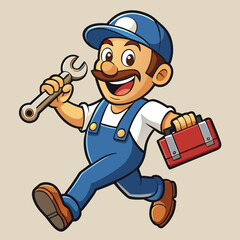 Cheerful Cartoon Plumber with Wrench and Toolbox in Vibrant, Detailed Design