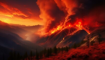 Fototapeta premium Fierce Fury Wildfire Consuming a Mountainside Amid a Blood-Red Sky