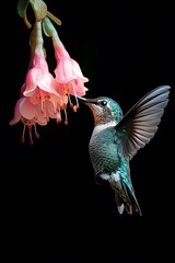 Fototapeta premium Bee Hummingbird Sucking Nectar from Flower, on Black Background, Realistic Photo, Standard Background, Wallpaper, Cover and Screen of Smartphone, Cell Phone, Computer, Laptop, 9:16 and 16:9 Format