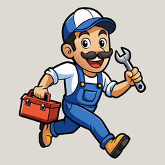 Cheerful Cartoon Plumber with Wrench and Toolbox in Vibrant, Detailed Design