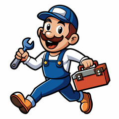 Cheerful Cartoon Plumber with Wrench and Toolbox in Vibrant, Detailed Design