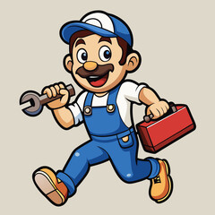 Cheerful Cartoon Plumber with Wrench and Toolbox in Vibrant, Detailed Design