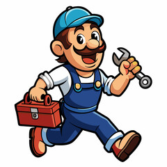 Cheerful Cartoon Plumber with Wrench and Toolbox in Vibrant, Detailed Design