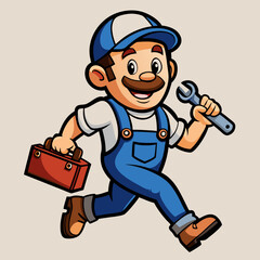 Cheerful Cartoon Plumber with Wrench and Toolbox in Vibrant, Detailed Design