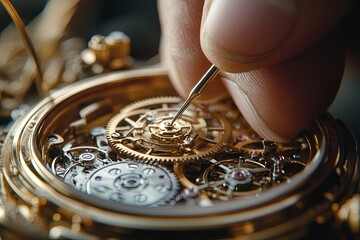 Close-up detailed image of a watchmaker using a tiny screwdriver to adjust the intricate gears of a pocket watch, each gear and screw clearly visible, with warm lighting emphasizing the precision of