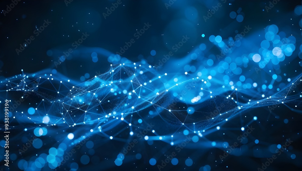 Poster digital particle collision illustration blue magic, energy light background. generated ai