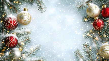 A realistic Christmas greeting card template with a festive background of pine branches, red and gold ornaments, and snow. The central area allows for personalized text in elegant cursive