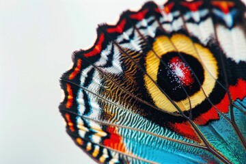 Close up of a colorful butterfly wing showcasing intricate patterns and vibrant colors against a soft, neutral background