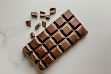 A bar of dark chocolate on a white background, with some pieces broken off.