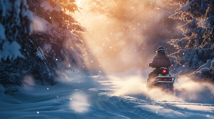 Snowmobiling Adventure Through Snow-Covered Forest at Sunset