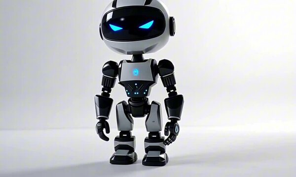 Friendly robot with blue glowing eyes in 3D render style