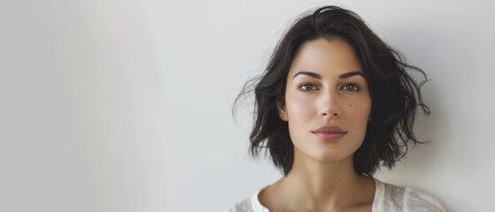 An elegant woman with striking features and short hair exudes tranquility and sophistication in a white outfit. Her pose is relaxed and her expression soft.