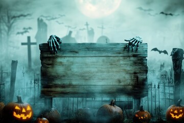 Wooden sign with Halloween decorations on a fuzzy cemetery background