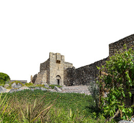 Ruins of Azraq Castle (Qasr al-Azraq) is a crusader castle (300AD),  central-eastern Jordan, 100 km east of Amman, Jordan. On white background