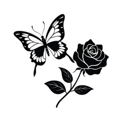 Fototapeta premium A butterfly flies on a rose flower silhouette vector illustration 
