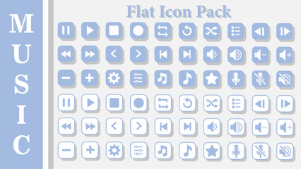 Square Flat button icon Pack - Music. play, pause, resume, repeat, shuffle, re-shuffle, list, before, next, volume, setting, microphone, silent