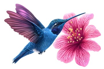Obraz premium Bee Hummingbird Sucking Nectar from Flower, on White Background, Realistic Photo, Standard Background, Wallpaper, Cover and Screen of Smartphone, Cell Phone, Computer, Laptop, 9:16 and 16:9 Format