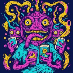 hand drawn monster illustration for full print t-shirt design, outline style, hyper maximalism, heavy composition.