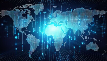 Futuristic Binary Coding and Data Processing Over Illuminated World Map Background