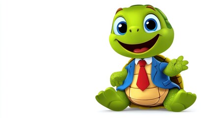 A cartoon turtle wearing a suit and tie is smiling