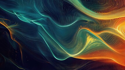 Obraz premium A digital abstract of quantum ripples with flowing, luminous lines and a gradient of cool colors.