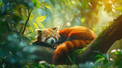 A serene scene of a red panda curled up on a thick branch, sleeping peacefully, surrounded by a...