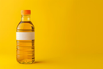 Cooking oil in glass bottle with empty label on background.