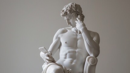 White marble statue of man using modern phone