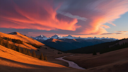 Naklejka premium Panoramic view of colorful sunrise in mountains, Generative AI