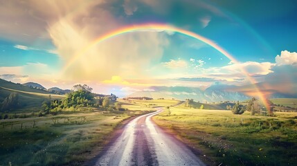 Panorama of country road leading towards a rainbow