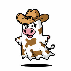 A whimsical and enchanting cartoon illustration of a cow transformed into a ghostly figure, wearing a stylish cowboy hat and adorned with a
cow print pattern