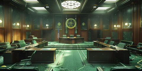 Luxurious Courtroom with Green Carpet, Government Legal Space