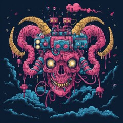 Obraz premium hand drawn monster illustration for full print t-shirt design, outline style, hyper maximalism, heavy composition.