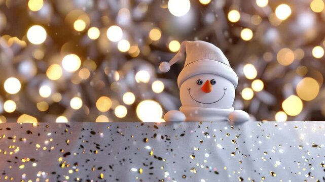 Merry christmas Christmas greeting card template. 3d snowman holding blank banner, looking at camera. Winter holiday background with gold confetti. Happy New Year mockup with copy space.