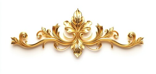 Golden Baroque Ornament Overhead View of a Shiny Intricate Floral Design on a White Background