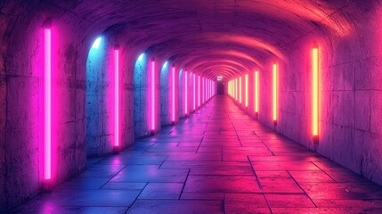 Fototapeta premium This is a retro-futuristic sci-fi hangar garage scene with neon lights, neon lasers, a glowing tunnel corridor with columns, and a concrete floor with metal columns in the background.