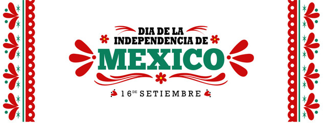 Dia de la independencia de Mexico 16 setiembre 2024 banner illustration design with Mexican pattern background. Translation : The independence day of Mexico 16th September 2024 