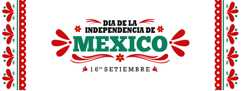 Dia de la independencia de Mexico 16 setiembre 2024 banner illustration design with Mexican pattern background. Translation : The independence day of Mexico 16th September 2024 