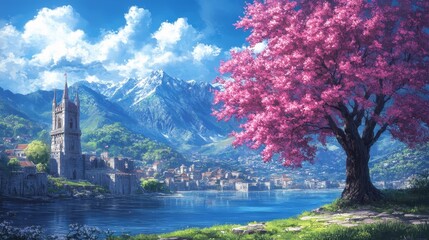 A Majestic View of a Lake Village Surrounded by Mountains and a Blossoming Cherry Tree A Digital Painting with a Fantasy Concept