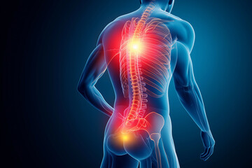 An x-ray of the human body with a highlighted back pain area, on a blue background