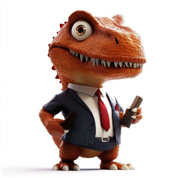 recommend clip art: A cartoon dinosaur is dressed in a suit and tie, holding a book and a drink