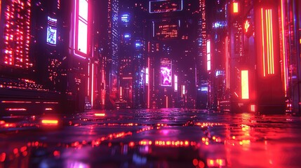 This is a retro-futuristic sci-fi hangar garage scene with neon lights, neon lasers, a glowing tunnel corridor with columns, and a concrete floor with metal columns in the background.