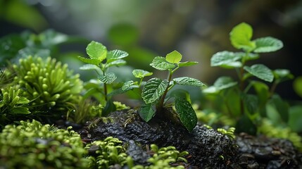 A serene close-up of lush green plants thriving in a natural environment, showcasing biodiversity and growth.